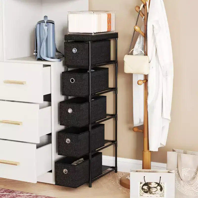 Commode étroite à 5 tiroirs, kits anti-basculement, commode de rangement en tissu peu encombrante