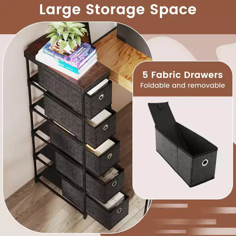 Commode étroite à 5 tiroirs, kits anti-basculement, commode de rangement en tissu peu encombrante