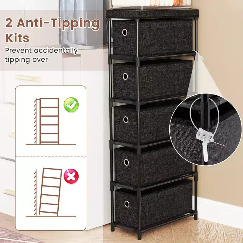 Commode étroite à 5 tiroirs, kits anti-basculement, commode de rangement en tissu peu encombrante