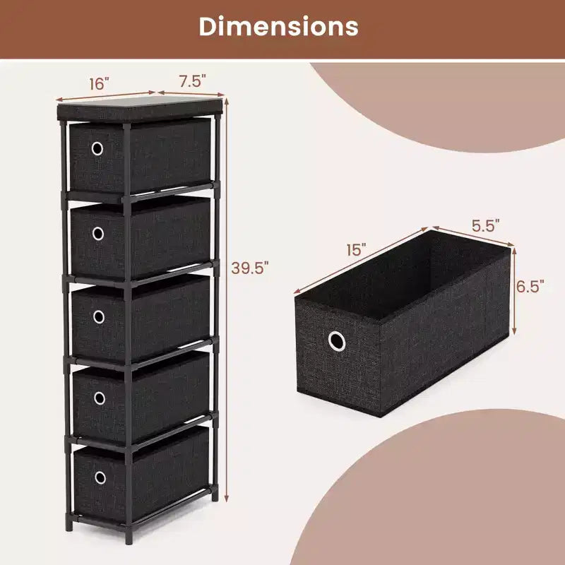 Commode étroite à 5 tiroirs, kits anti-basculement, commode de rangement en tissu peu encombrante