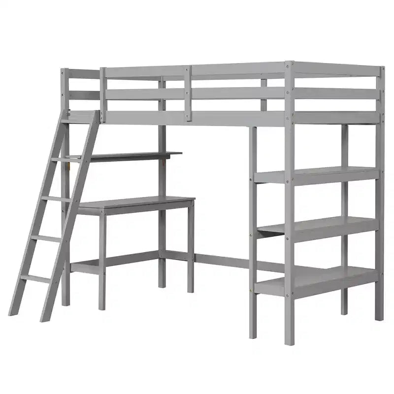 Lit mezzanine en bois massif de taille double avec bureau, étagères, échelle et balustrades