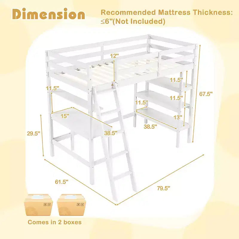 Lit mezzanine en bois massif de taille double avec bureau, étagères, échelle et balustrades