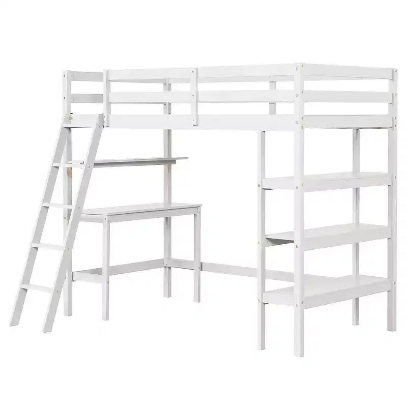 Lit mezzanine en bois massif de taille double avec bureau, étagères, échelle et balustrades