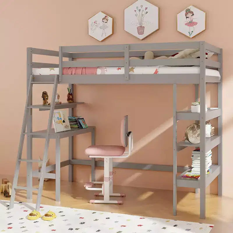 Lit mezzanine en bois massif de taille double avec bureau, étagères, échelle et balustrades