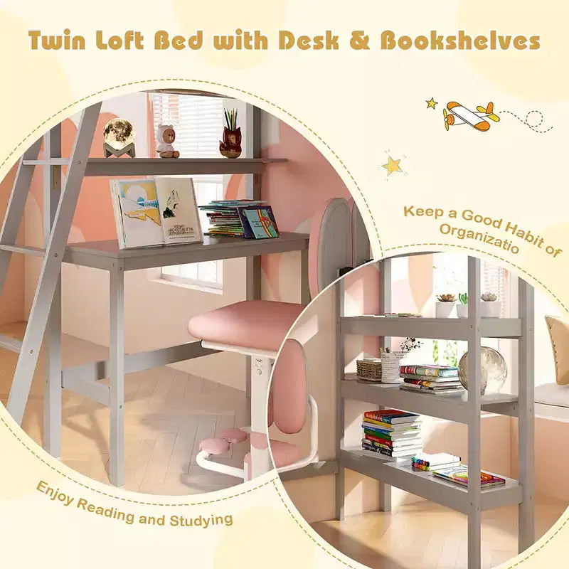 Lit mezzanine en bois massif de taille double avec bureau, étagères, échelle et balustrades