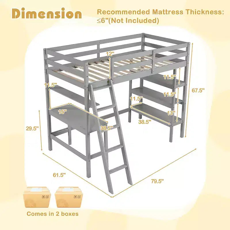 Lit mezzanine en bois massif de taille double avec bureau, étagères, échelle et balustrades