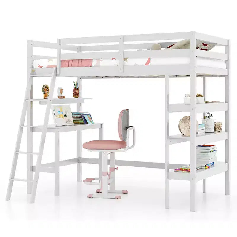 Lit mezzanine en bois massif de taille double avec bureau, étagères, échelle et balustrades