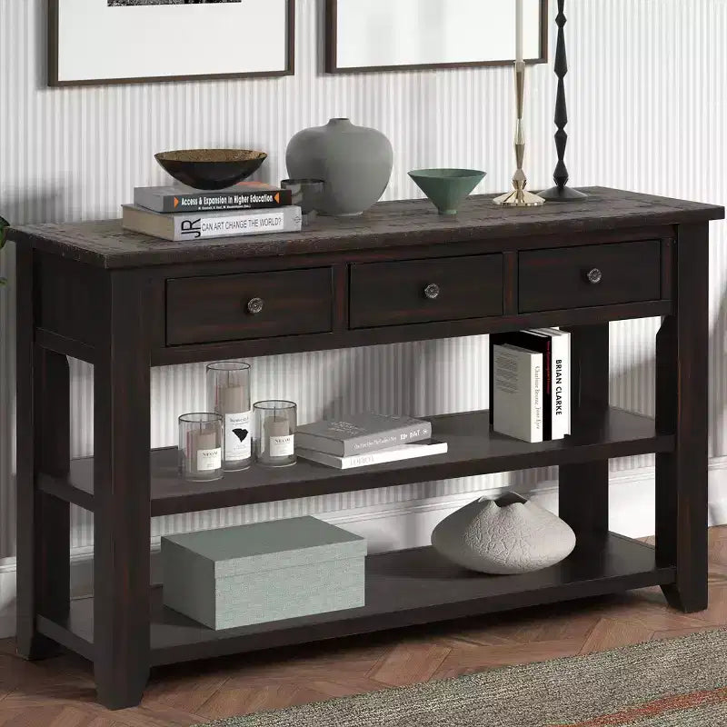 Console vintage de 122 cm avec rangements, table de canapé moderne avec plateau en bois massif pour entrée, salon ou couloir