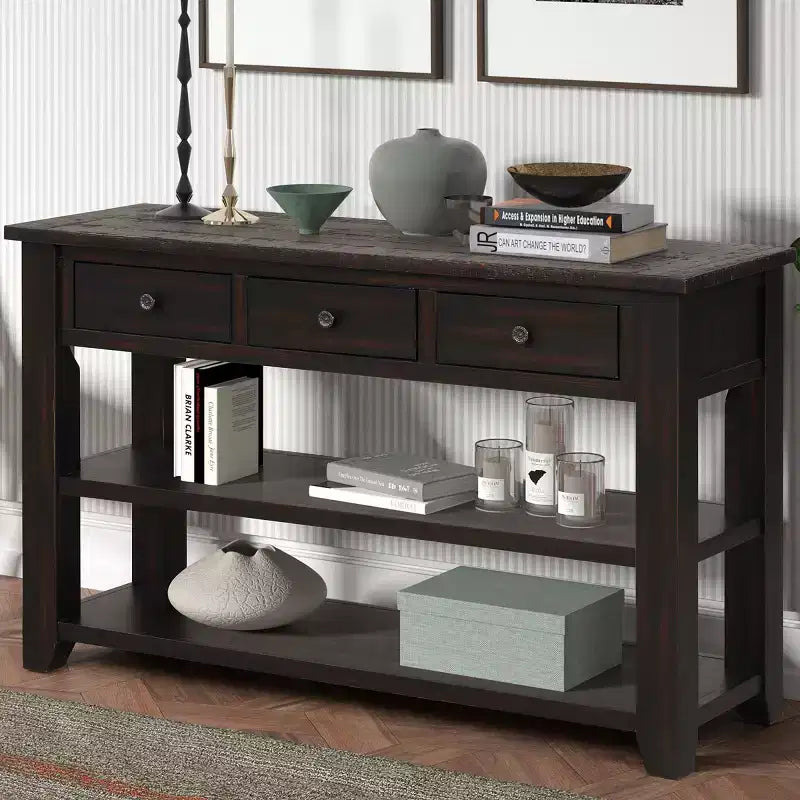 Console vintage de 122 cm avec rangements, table de canapé moderne avec plateau en bois massif pour entrée, salon ou couloir