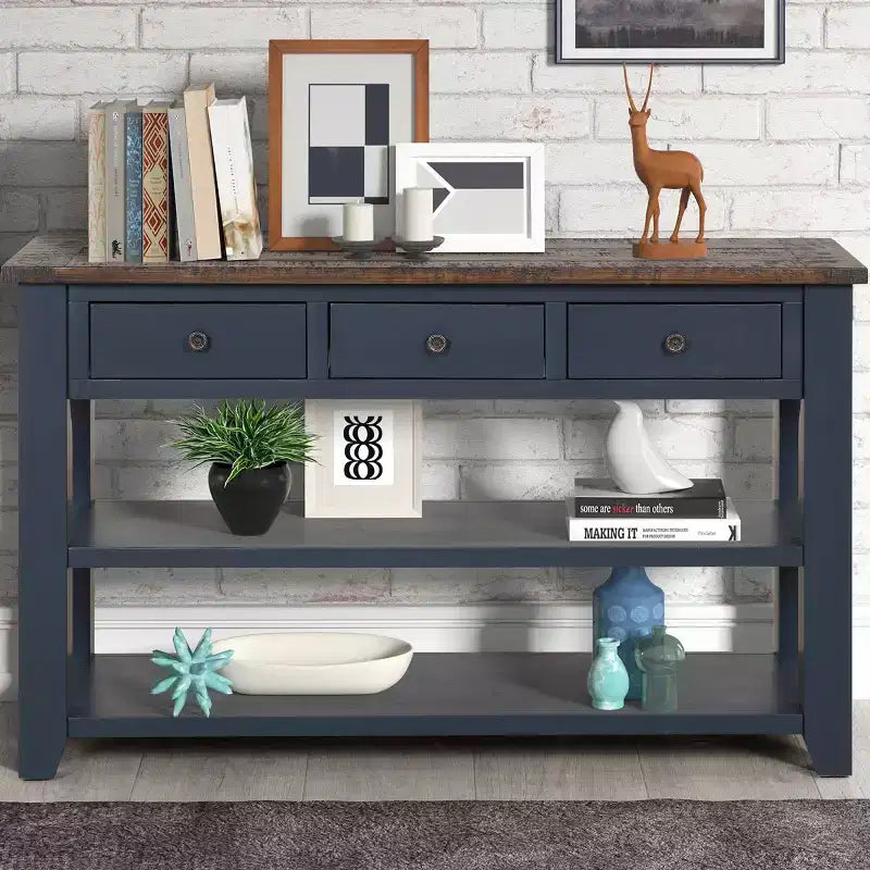 Console vintage de 122 cm avec rangements, table de canapé moderne avec plateau en bois massif pour entrée, salon ou couloir