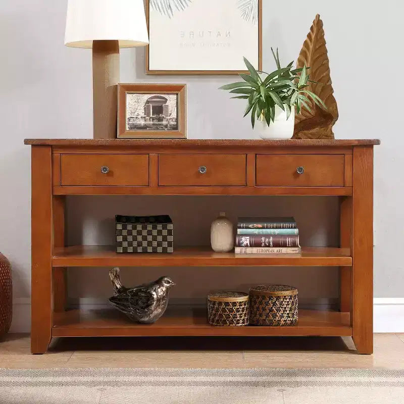 Console vintage de 122 cm avec rangements, table de canapé moderne avec plateau en bois massif pour entrée, salon ou couloir