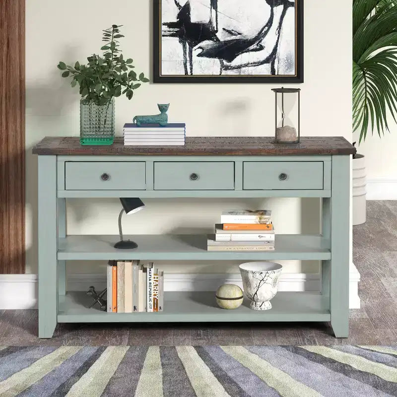 Console vintage de 122 cm avec rangements, table de canapé moderne avec plateau en bois massif pour entrée, salon ou couloir
