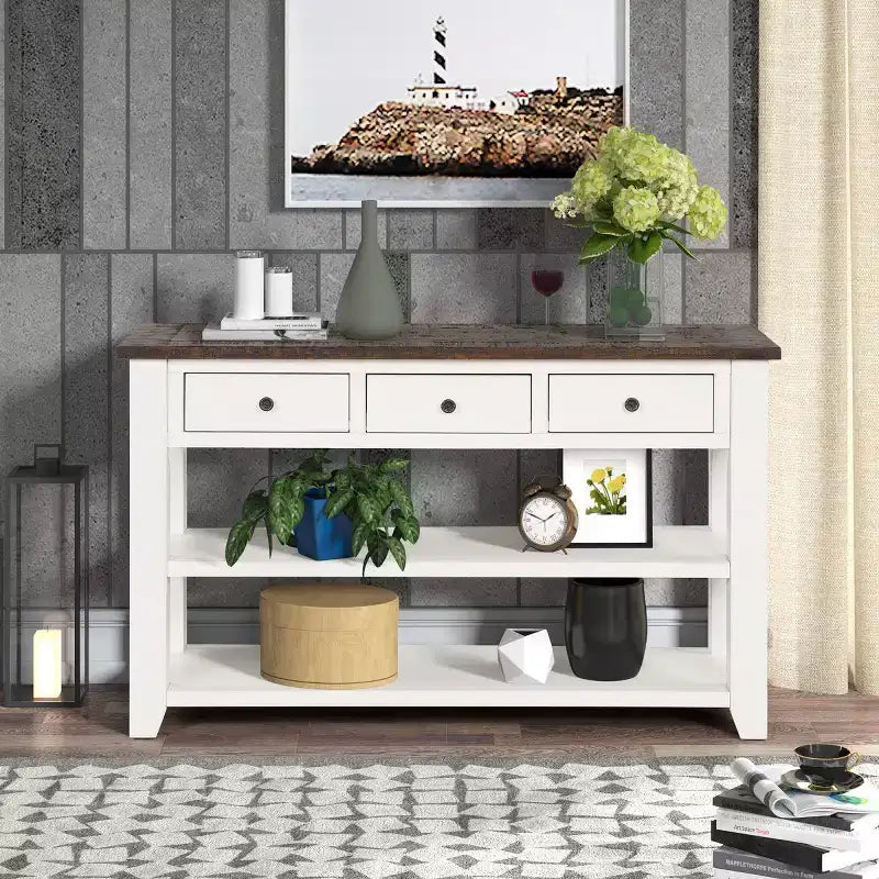 Console vintage de 122 cm avec rangements, table de canapé moderne avec plateau en bois massif pour entrée, salon ou couloir
