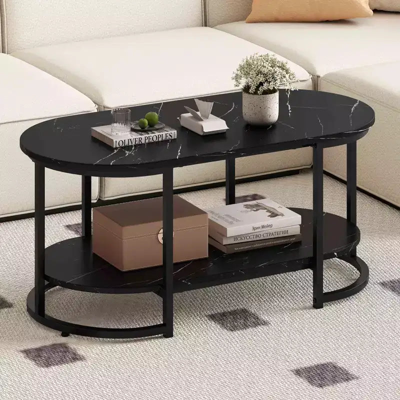 Table basse en marbre blanc, table d'appoint moderne à 2 niveaux avec étagère de rangement ouverte