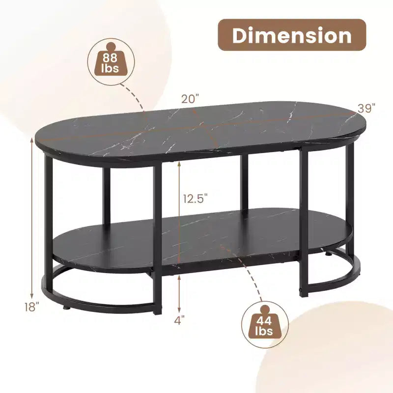 Table basse en marbre blanc, table d'appoint moderne à 2 niveaux avec étagère de rangement ouverte