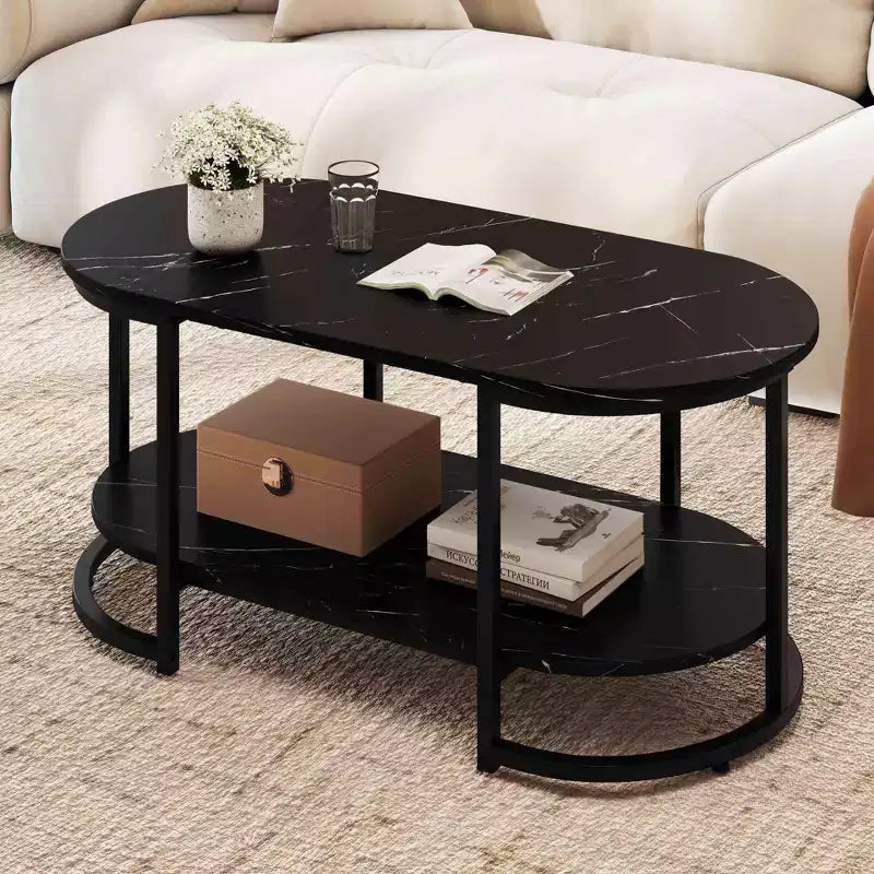 Table basse en marbre blanc, table d'appoint moderne à 2 niveaux avec étagère de rangement ouverte