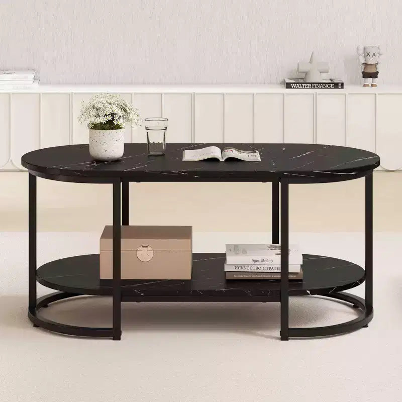 Table basse en marbre blanc, table d'appoint moderne à 2 niveaux avec étagère de rangement ouverte