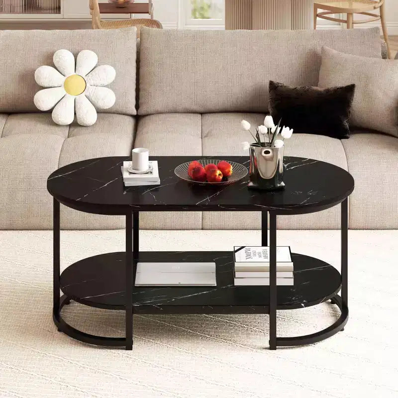 Table basse en marbre blanc, table d'appoint moderne à 2 niveaux avec étagère de rangement ouverte