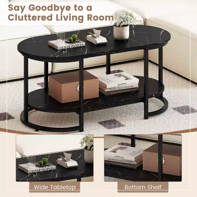 Table basse en marbre blanc, table d'appoint moderne à 2 niveaux avec étagère de rangement ouverte