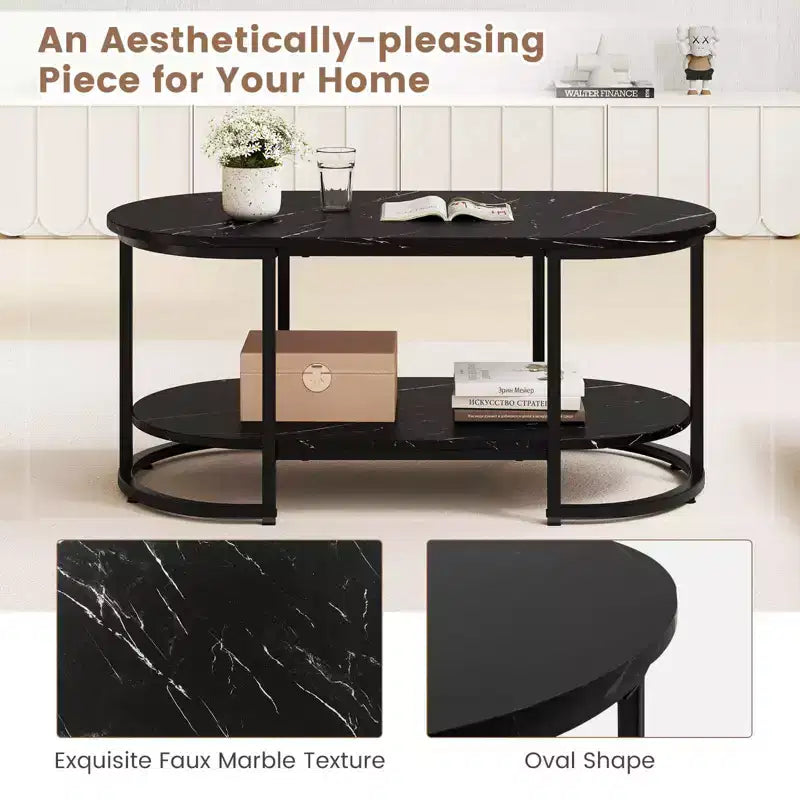 Table basse en marbre blanc, table d'appoint moderne à 2 niveaux avec étagère de rangement ouverte