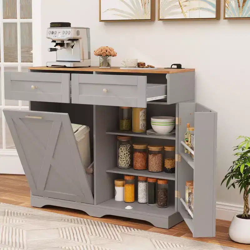 Meuble Poubelle Inclinable avec Prises, 2 Tiroirs, Étagère Réglable et Kit Anti-Basculement