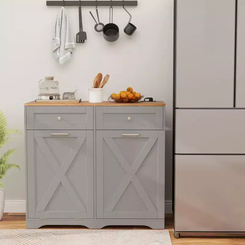 Meuble Poubelle Inclinable avec Prises, 2 Tiroirs, Étagère Réglable et Kit Anti-Basculement