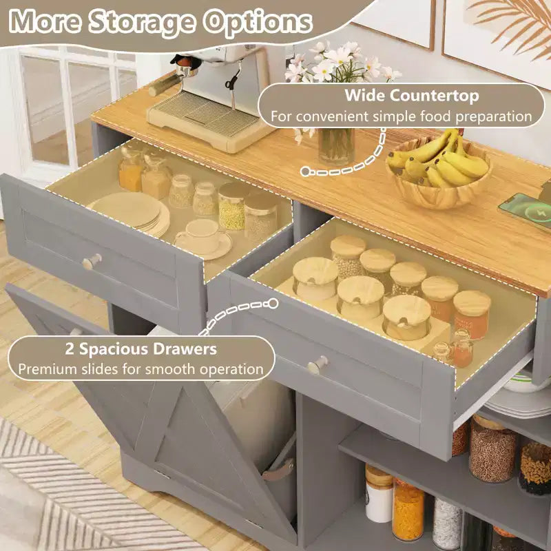 Meuble Poubelle Inclinable avec Prises, 2 Tiroirs, Étagère Réglable et Kit Anti-Basculement