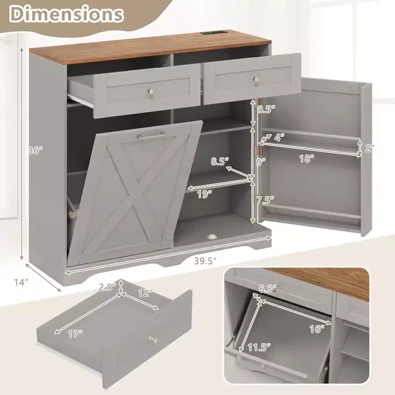 Meuble Poubelle Inclinable avec Prises, 2 Tiroirs, Étagère Réglable et Kit Anti-Basculement