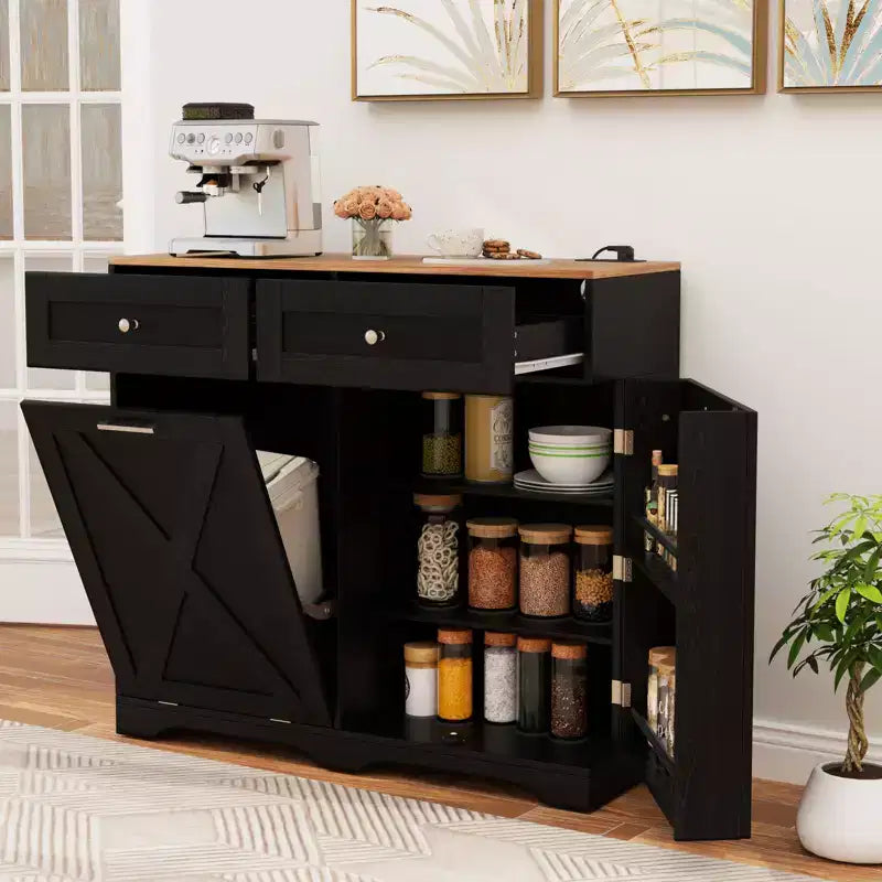 Meuble Poubelle Inclinable avec Prises, 2 Tiroirs, Étagère Réglable et Kit Anti-Basculement
