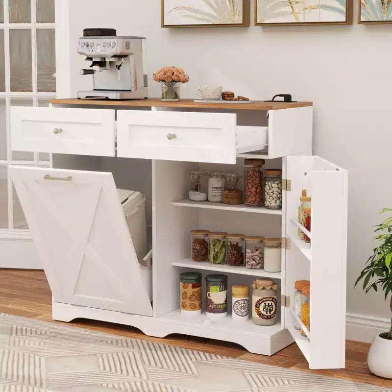 Meuble Poubelle Inclinable avec Prises, 2 Tiroirs, Étagère Réglable et Kit Anti-Basculement