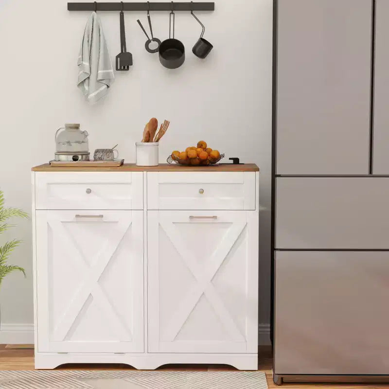 Meuble Poubelle Inclinable avec Prises, 2 Tiroirs, Étagère Réglable et Kit Anti-Basculement