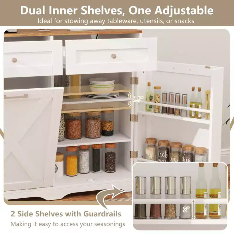 Meuble Poubelle Inclinable avec Prises, 2 Tiroirs, Étagère Réglable et Kit Anti-Basculement
