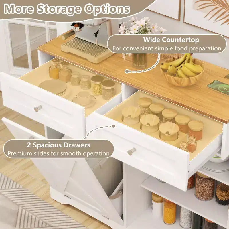 Meuble Poubelle Inclinable avec Prises, 2 Tiroirs, Étagère Réglable et Kit Anti-Basculement