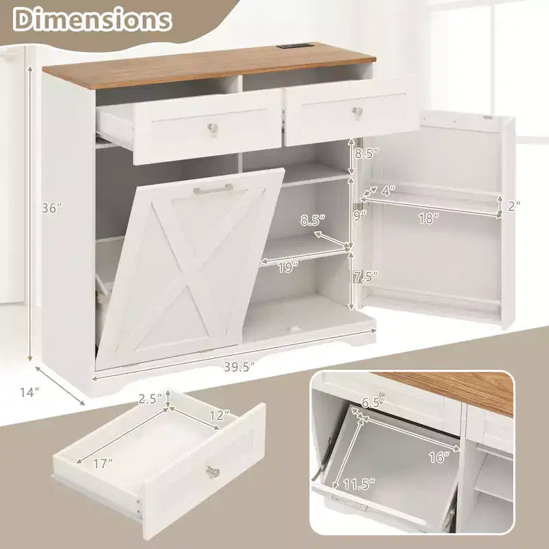 Meuble Poubelle Inclinable avec Prises, 2 Tiroirs, Étagère Réglable et Kit Anti-Basculement