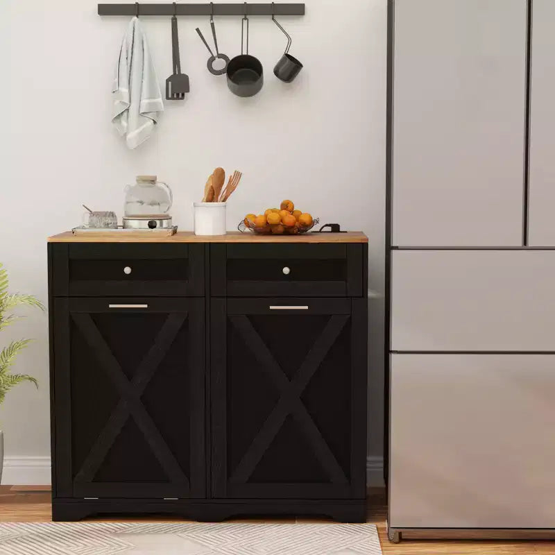 Meuble Poubelle Inclinable avec Prises, 2 Tiroirs, Étagère Réglable et Kit Anti-Basculement