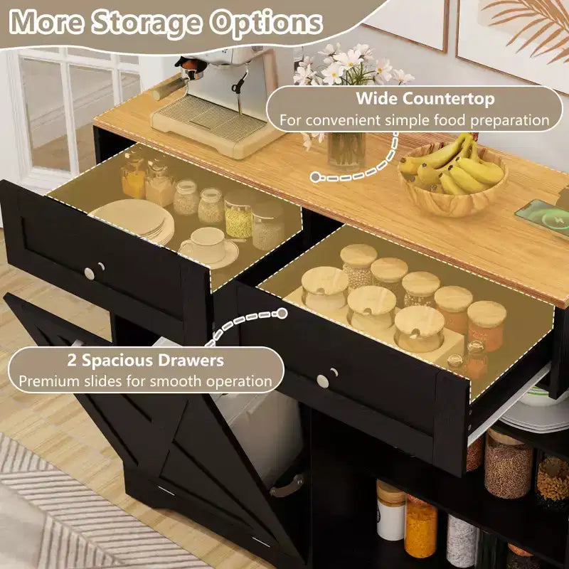 Meuble Poubelle Inclinable avec Prises, 2 Tiroirs, Étagère Réglable et Kit Anti-Basculement