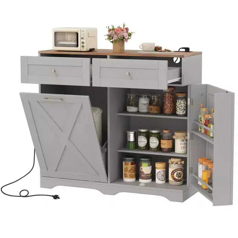 Meuble Poubelle Inclinable avec Prises, 2 Tiroirs, Étagère Réglable et Kit Anti-Basculement
