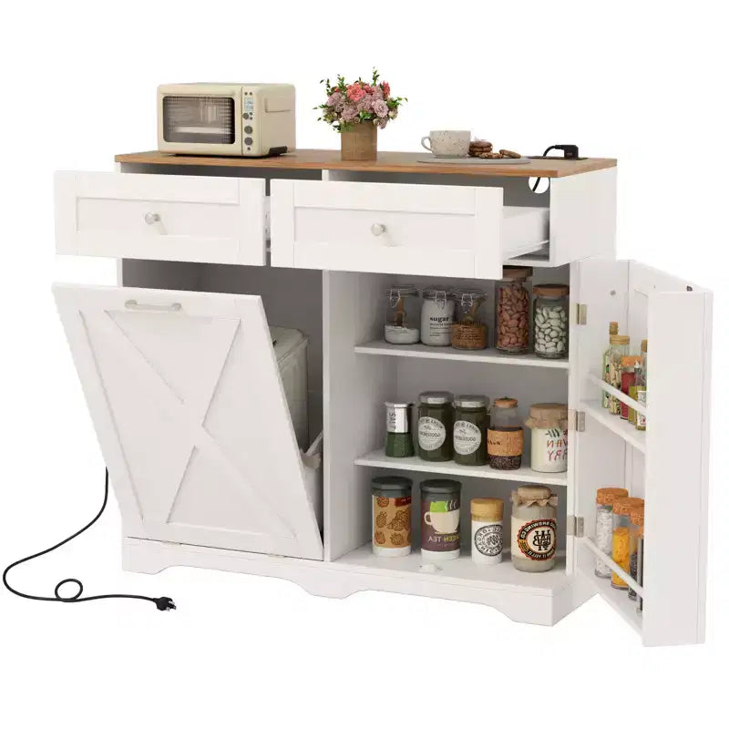 Meuble Poubelle Inclinable avec Prises, 2 Tiroirs, Étagère Réglable et Kit Anti-Basculement